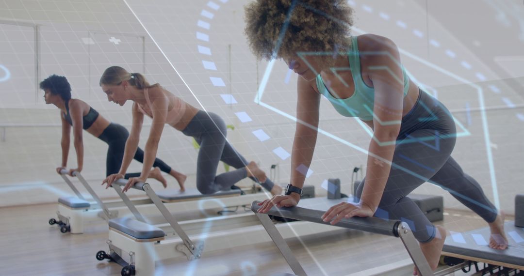 Women Practicing Pilates with Digital Interface Overlay