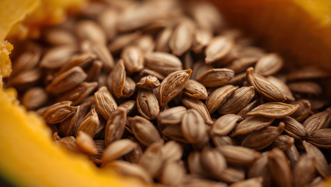 Macro Close-up Showing Pumpkin Seed Cluster Nestled in Orange Flesh with Ridged Brown Kernels