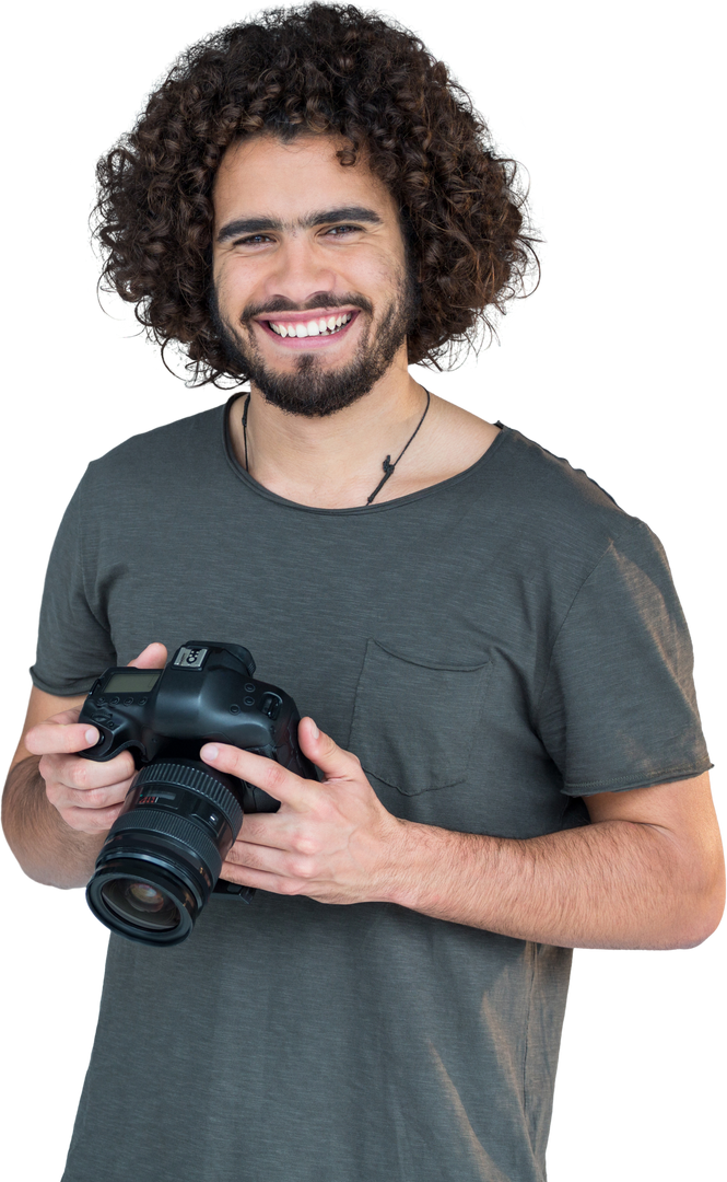 Transparent background portrait of smiling male photographer holding camera - Download Free Stock Images Pikwizard.com