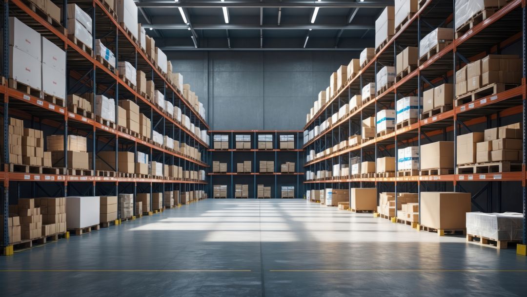 Modern Warehouse with Organized Metal Shelving and Cardboard Boxes
