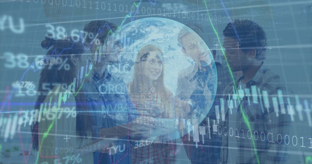 Global team collaborating with globe overlay showing stock market charts and data analytics