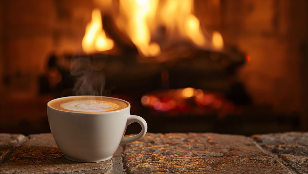 Steaming latte warming beside roaring fireplace on rustic stone hearth