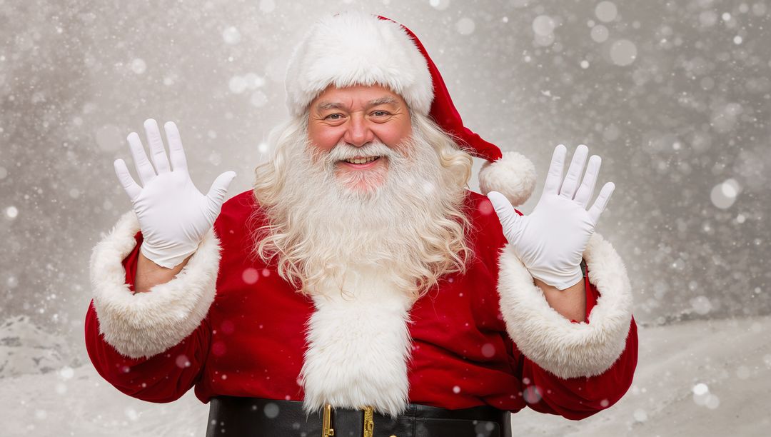 Cheerful Santa Claus Amid Falling Snow Holiday Portrait