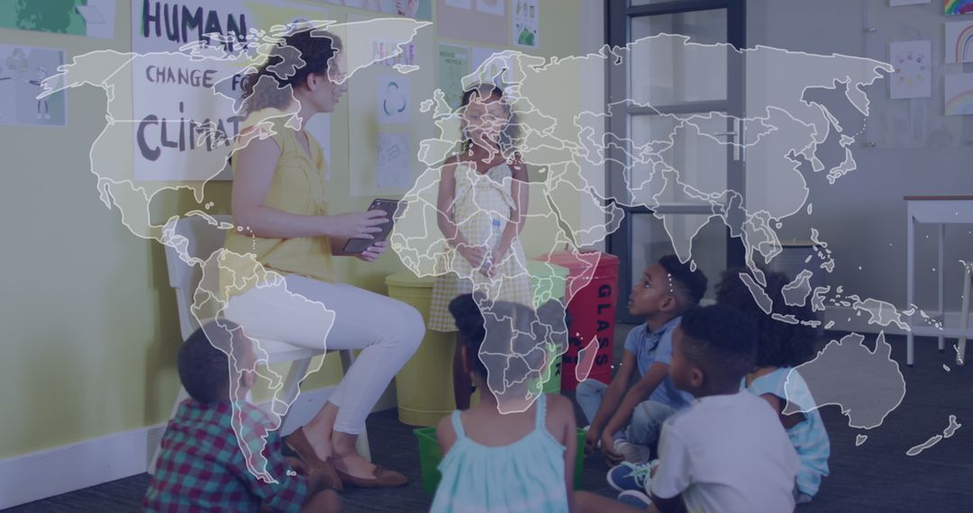 Diverse Teacher with Students in Ecology Class with World Map Overlay