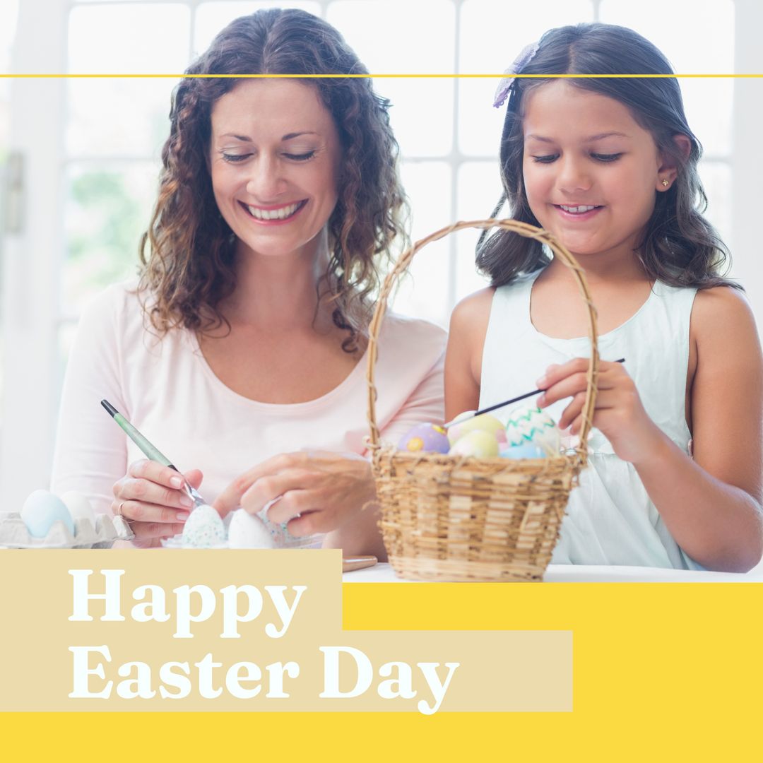 Mother and Daughter joyfully Decorating Easter Eggs