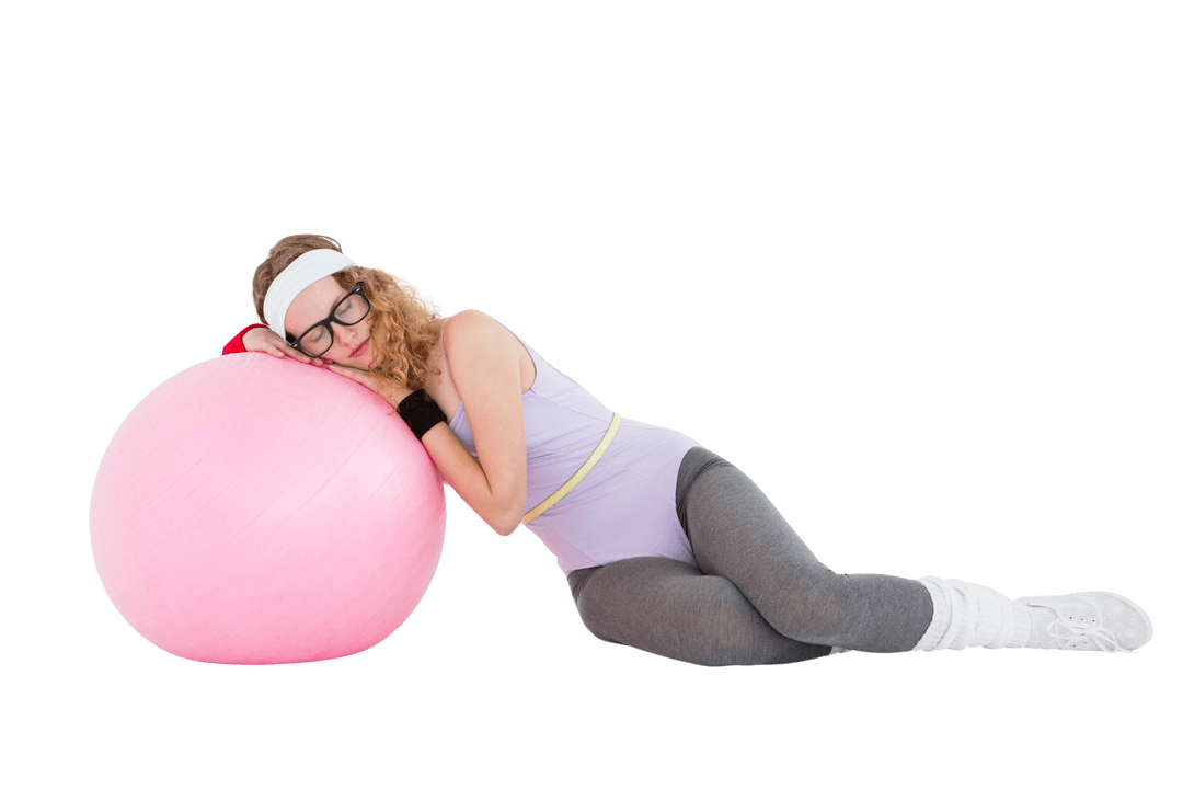 Geeky Hipster Relaxing on Fitness Ball Transparent Background