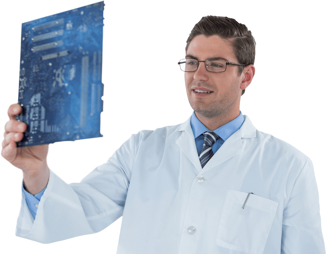 Transparent view scientist examining circuit board