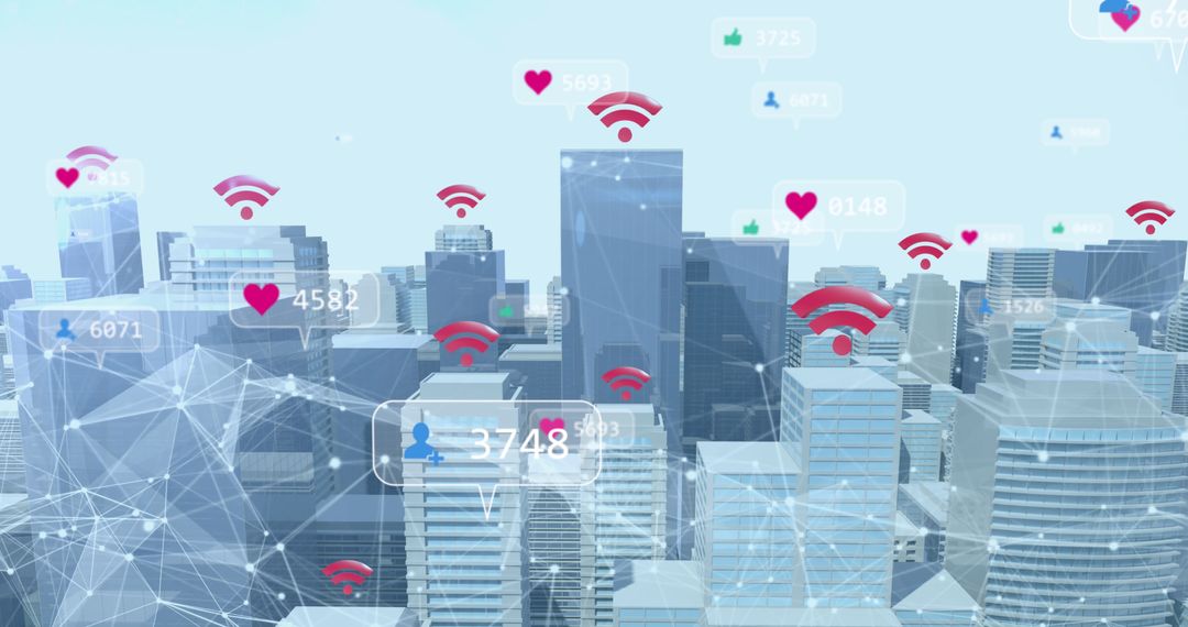Cityscape with Digital Communication Icons and Social Media Connectivity