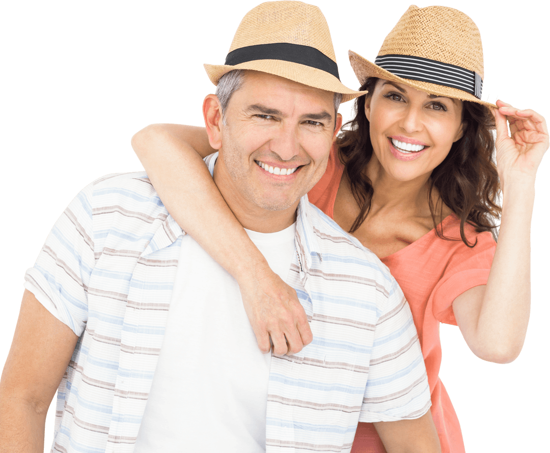 Happy Couple Wearing Straw Hats with Transparent Background