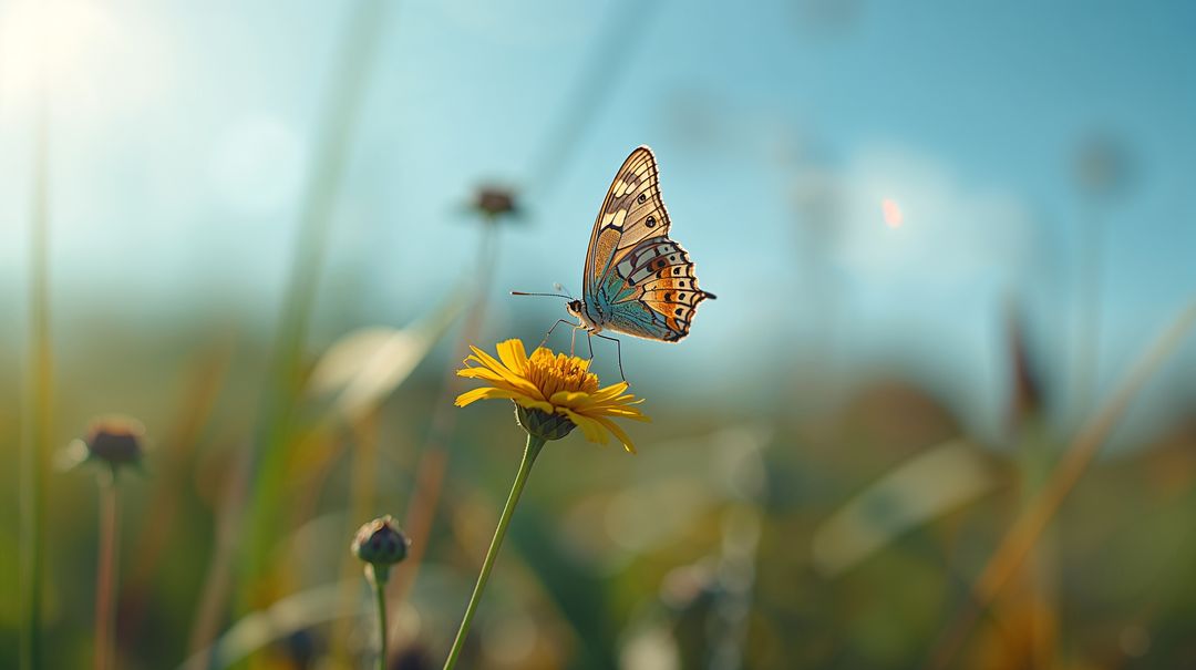 Perching spotted butterfly settling on yellow daisy bloom in sunlit meadow with soft bokeh