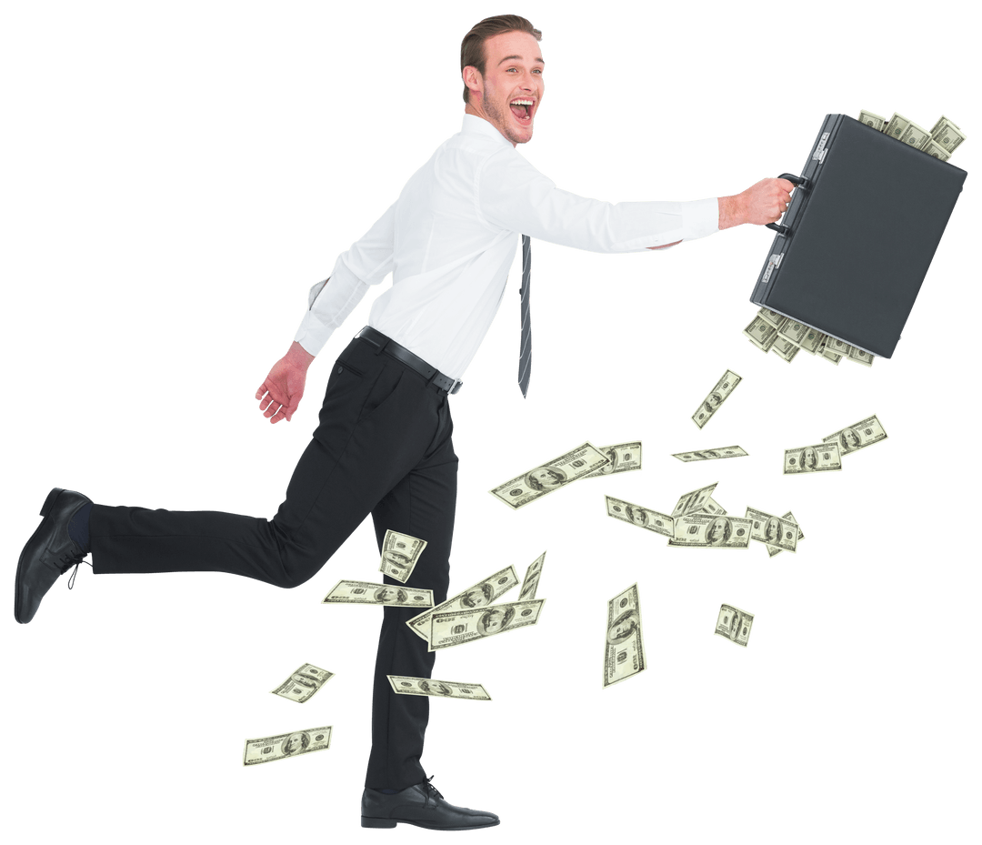 Caucasian Businessman With Money Flying From Suitcase, Transparent Background