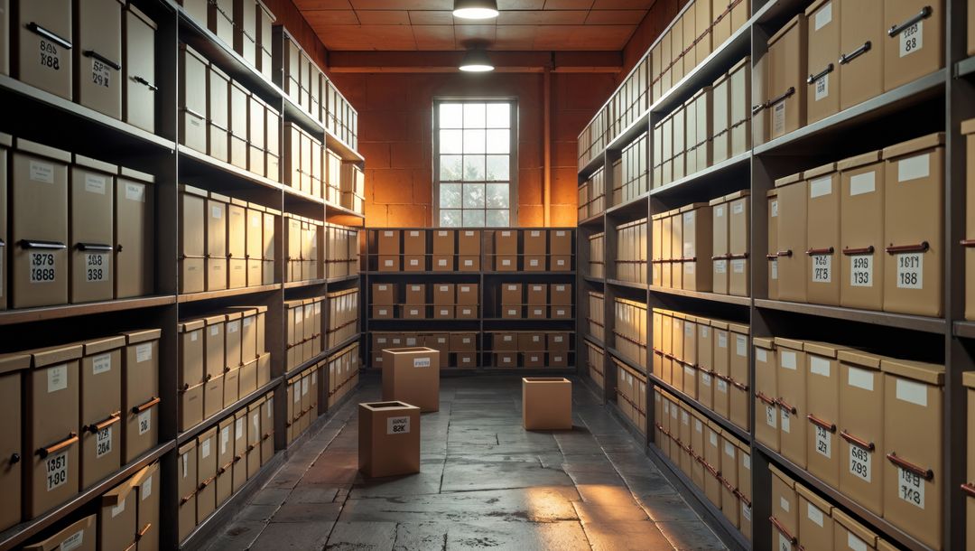 Organized storage room with labeled cardboard boxes, criminal record storage concept