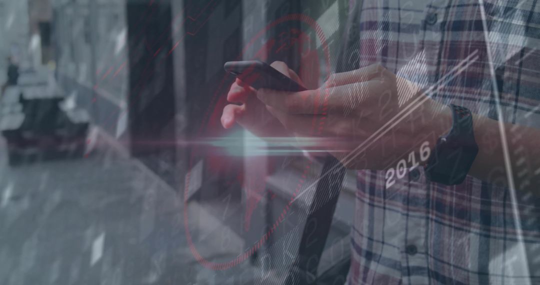 Urban Commuter Connecting on Smartphone with Futuristic Overlays