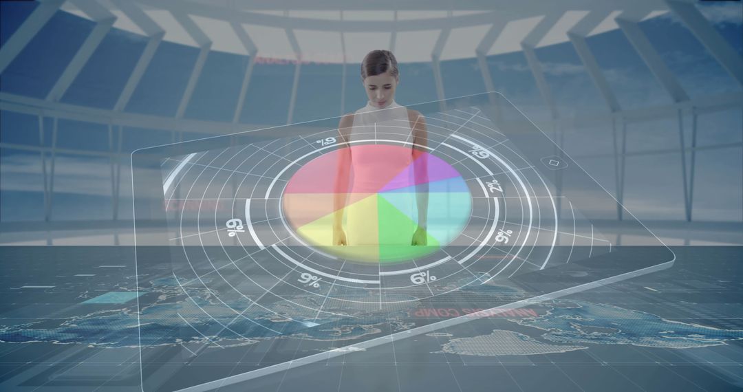 Woman Analyzing Holographic Data Visualization in Futuristic Room