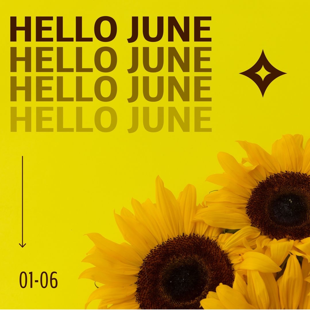Hello June Summer Greeting with Sunflowers on Yellow Background