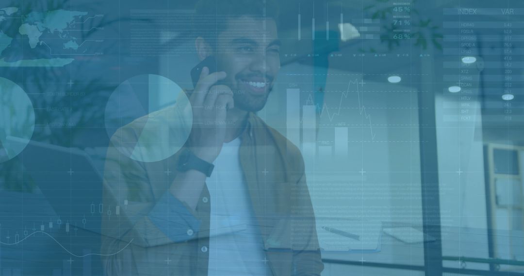 Businessman Engaging in Smartphone Call with Data Overlay