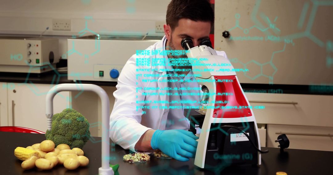 Scientist Analyzing Vegetable Samples with Microscope in Laboratory