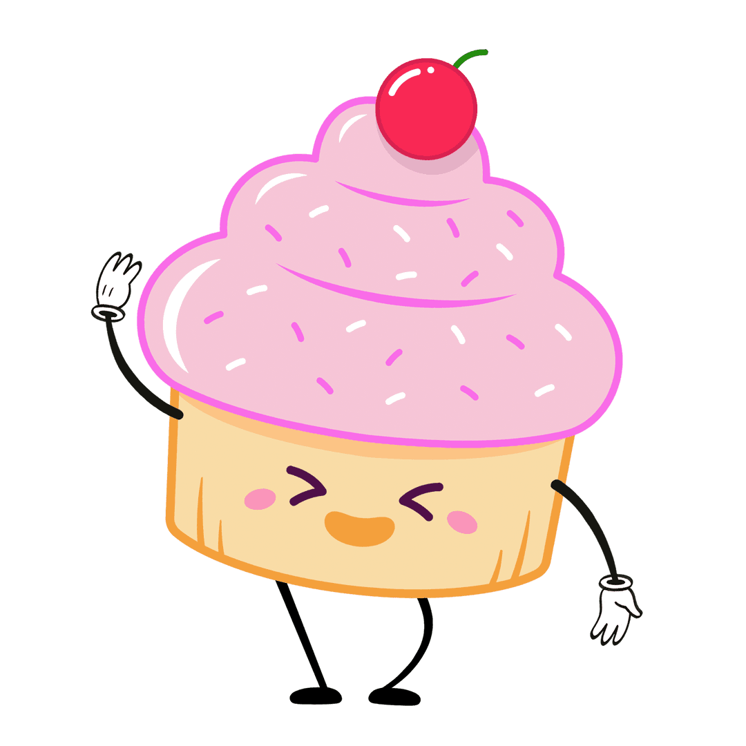 Cheerful Cartoon Cupcake with Pink Frosting on Transparent Background