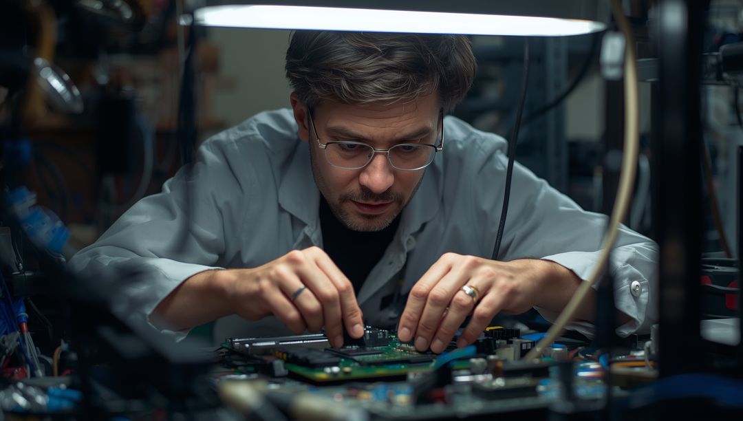 Focused Technician Assembling Circuit Board Under Precise Lighting