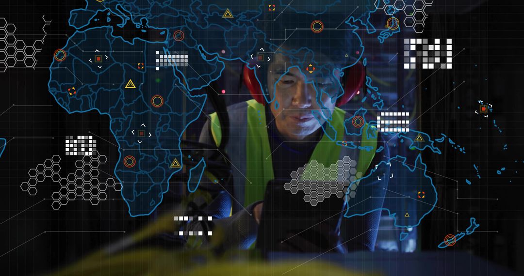 Technician Analyzing Holographic Global Interface in Control Room