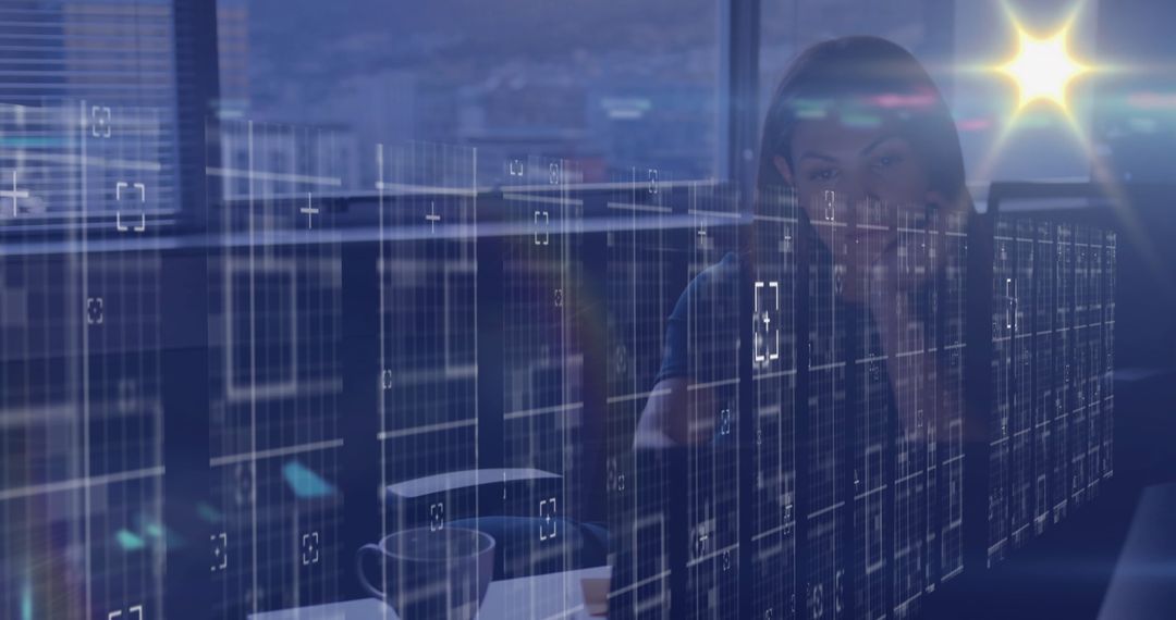 Businesswoman Interacting with Futuristic Holographic Data Interface
