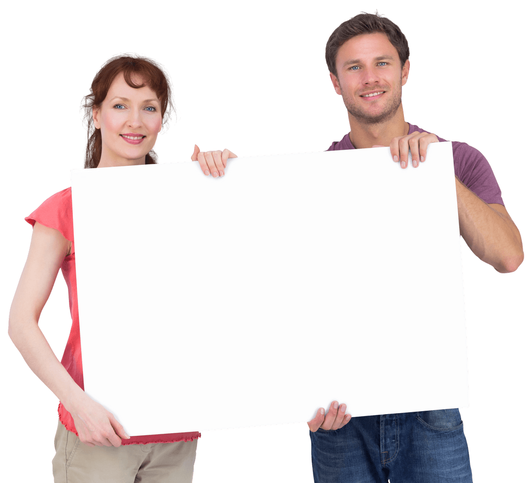 Smiling Couple Holding Transparent Blank Sign Isolated on White