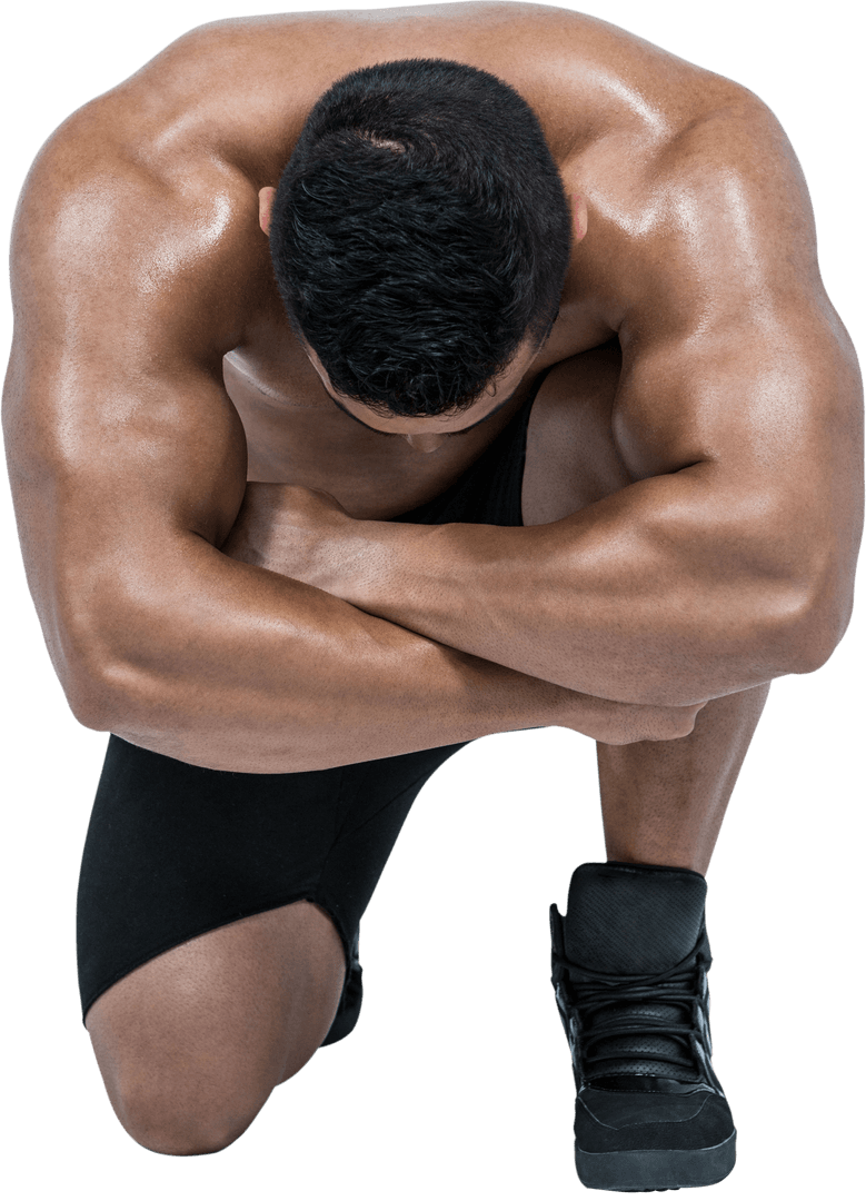 Muscular Man Flexing in Transparent Background Kneeling Pose