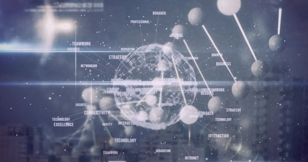 Futuristic Globe with Technology and Healthcare Themes Over Cityscape