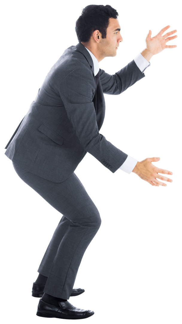 Focused Asian Businessman Holding Something on Transparent Background