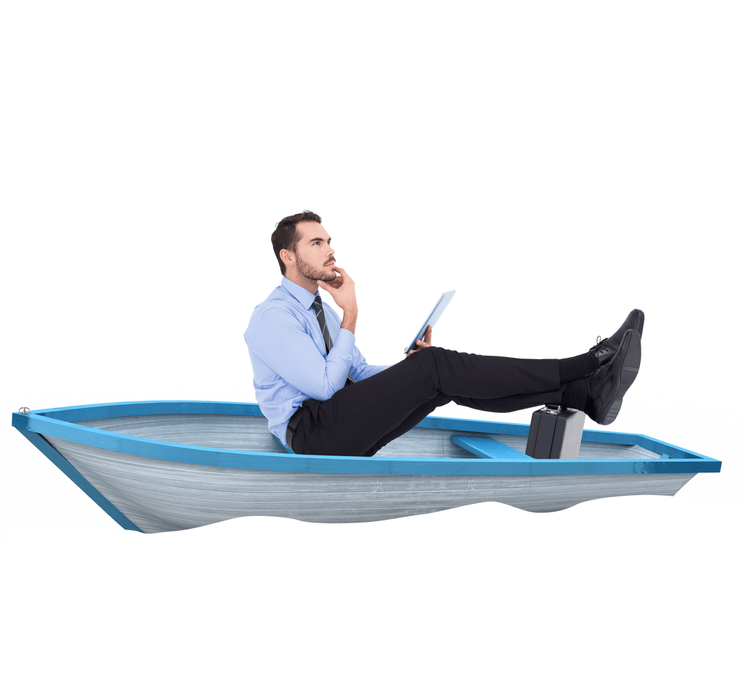 Businessman Thinking in Boat on Transparent Background