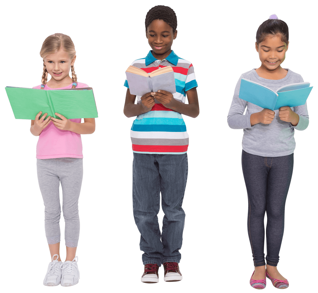 Diverse Children Reading Books on Transparent Background for Education