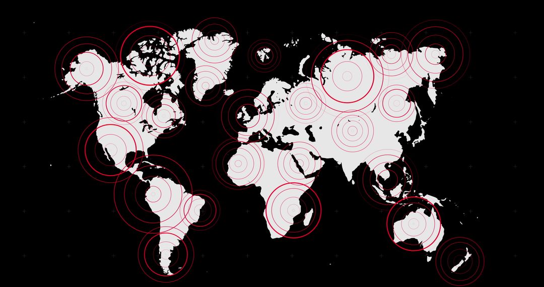 World Map with Red Concentric Circles for Network Hubs