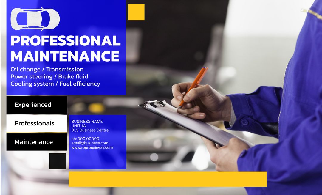 Mechanic with clipboard promoting professional vehicle maintenance