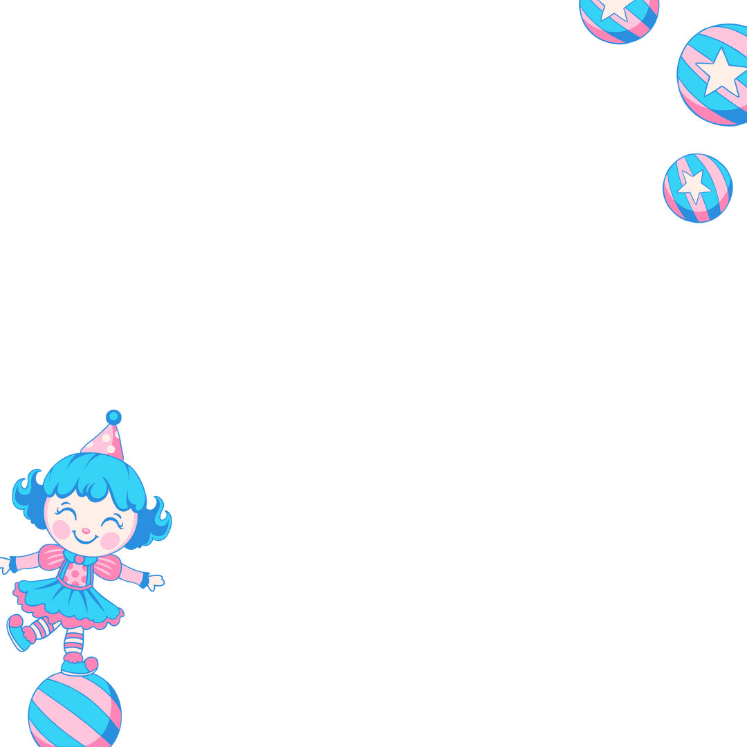 Playful Cartoon Girl Balancing on Ball with Starry Floating Spheres Transparent
