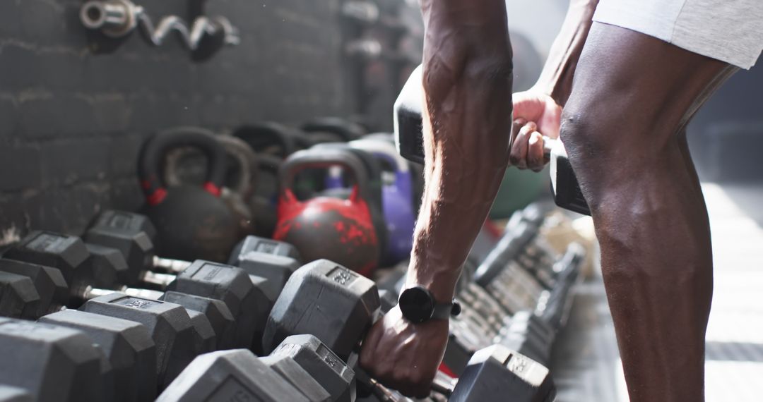 Man Selecting Dumbbells for Weightlifting in Gym with Focus on Fitness