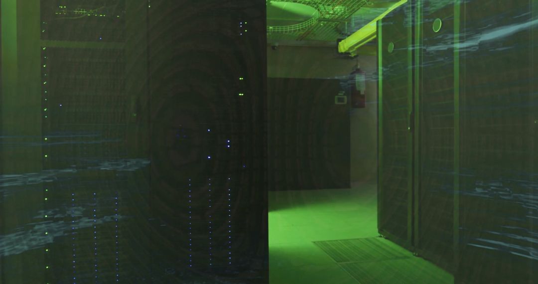 Illuminated Datacenter Corridor with Server Racks and LED Lights