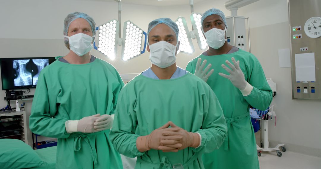 Multicultural Team of Surgeons Wearing Green Scrubs in Operating Room - Free Images, Stock Photos and Pictures on Pikwizard.com