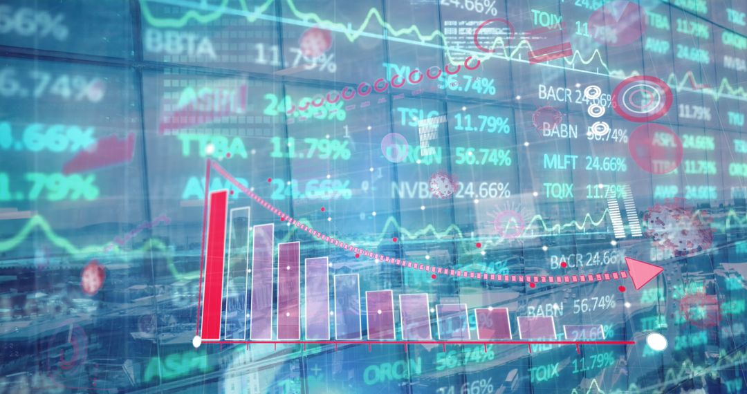 Digital Financial Data Overlaying Cityscape