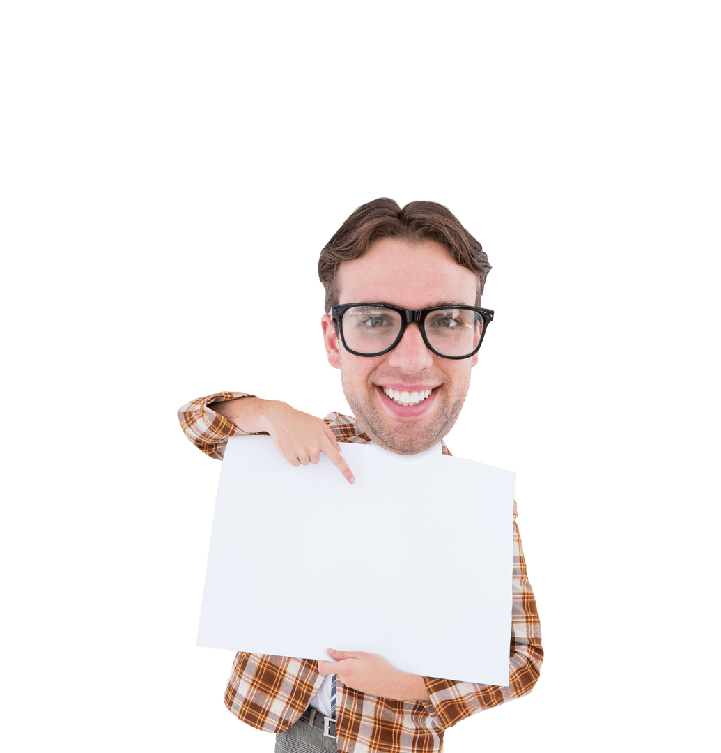 Happy Man Pointing at Blank Paper on Transparent Background