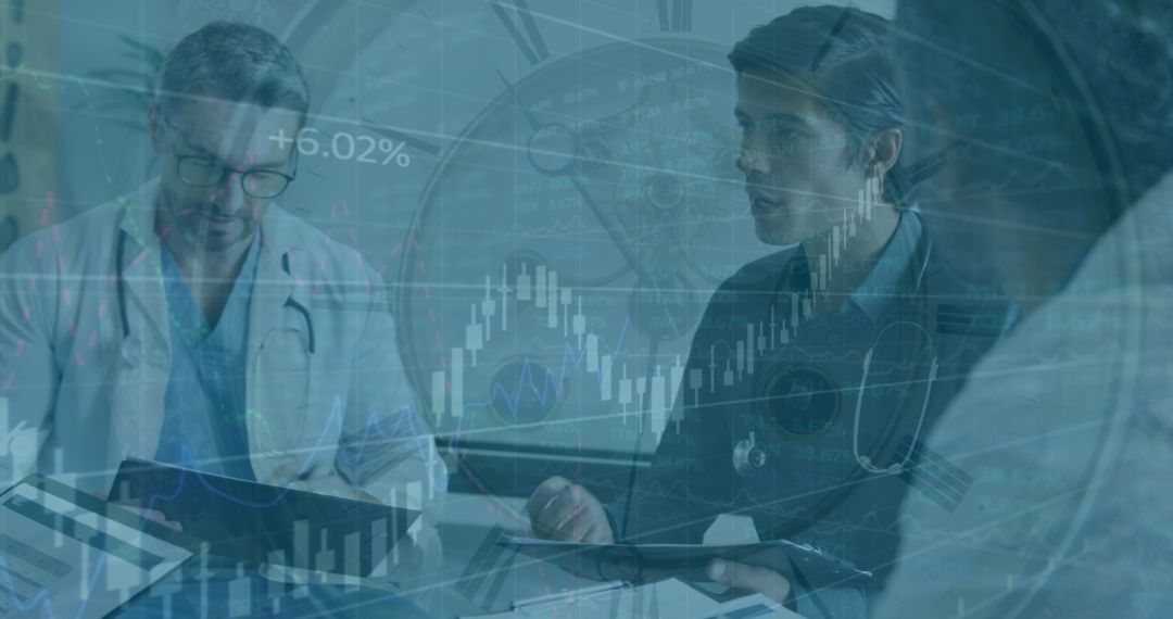 Healthcare Professionals Analyzing Medical Data Overlayed with Economic Charts