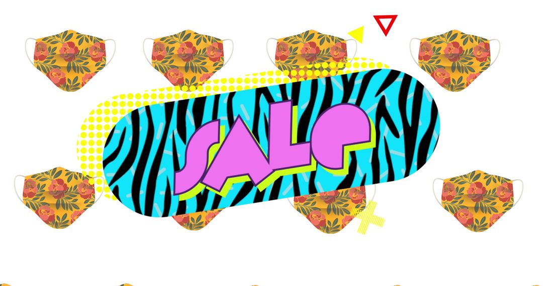 Retro Graphic Sale with Floral Face Masks and Vibrant Banner