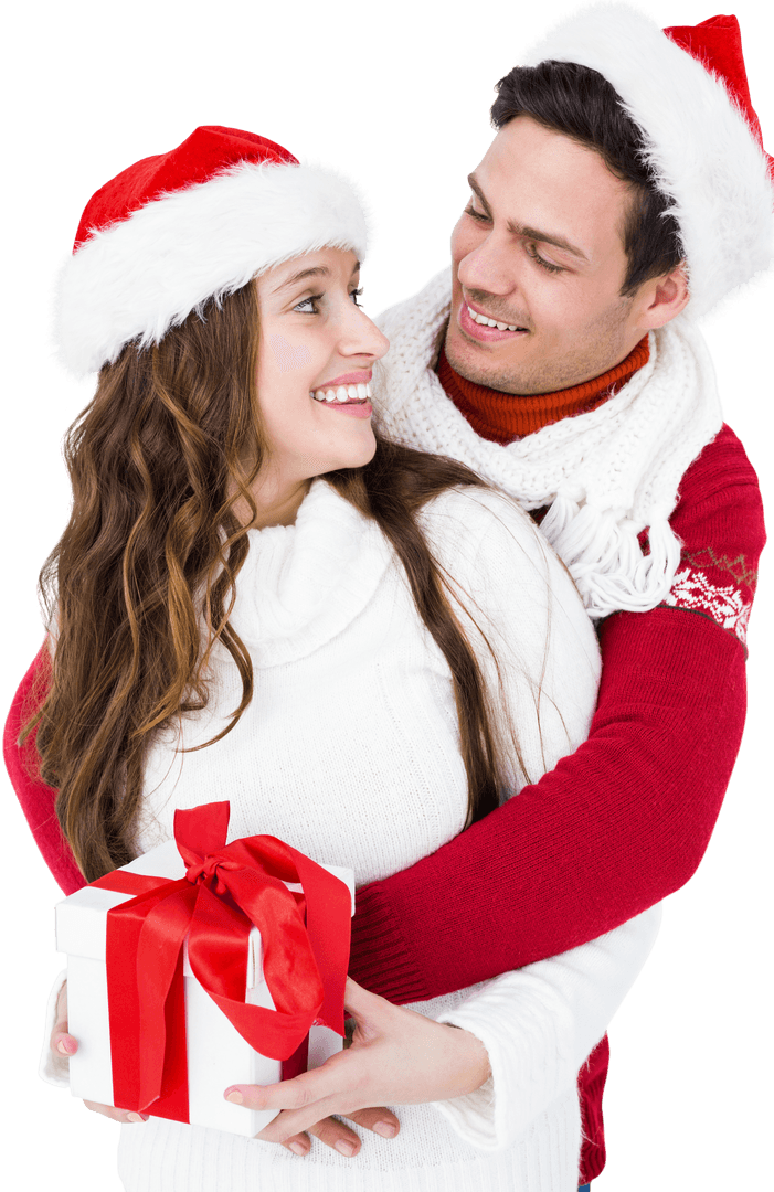 Transparent Merry Couple with Gift in Santa Hats Embracing