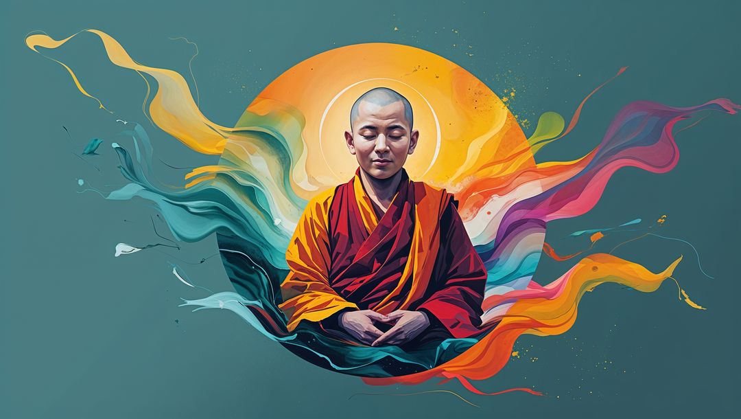 Meditating Monk with Vivid Abstract Aura in Harmony