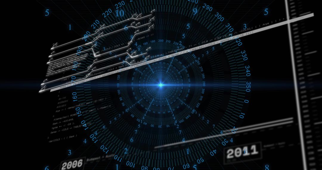 Futuristic blue HUD radial interface with timeline markers and data visualization