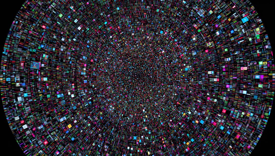 Spinning Digital Vortex Pulling Data Inward Through Neon Radial Tunnel of Pixel Tiles