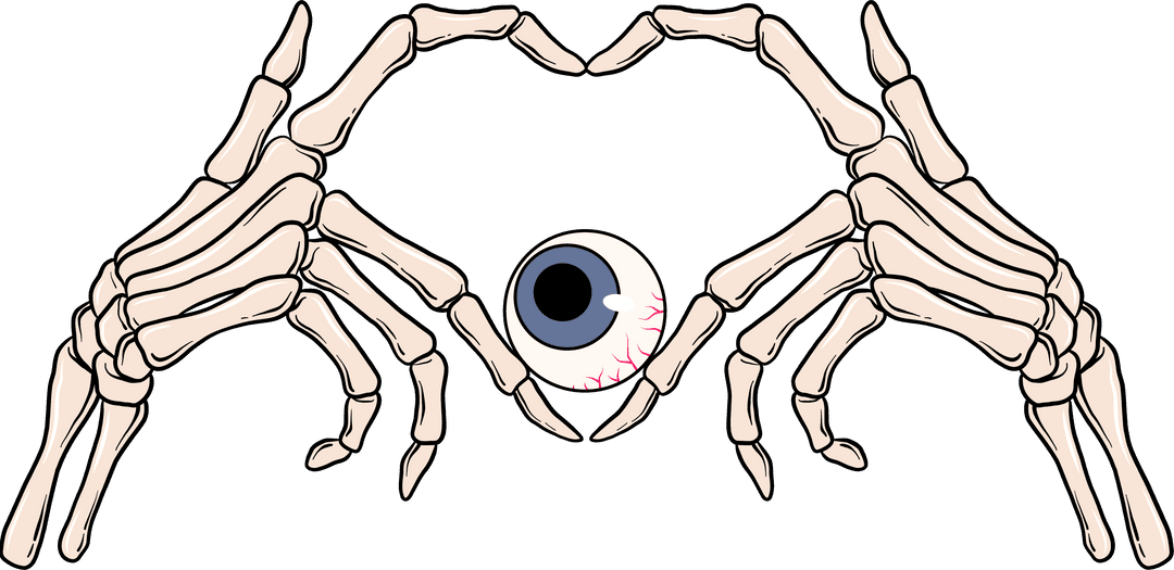 Skeletal hands cradling eyeball on transparent background