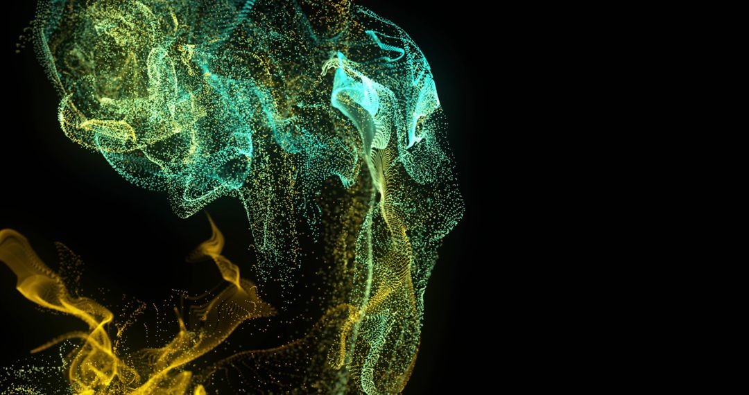 Luminous Teal and Gold Particle Ribbons Flowing Upward on Deep Black Background