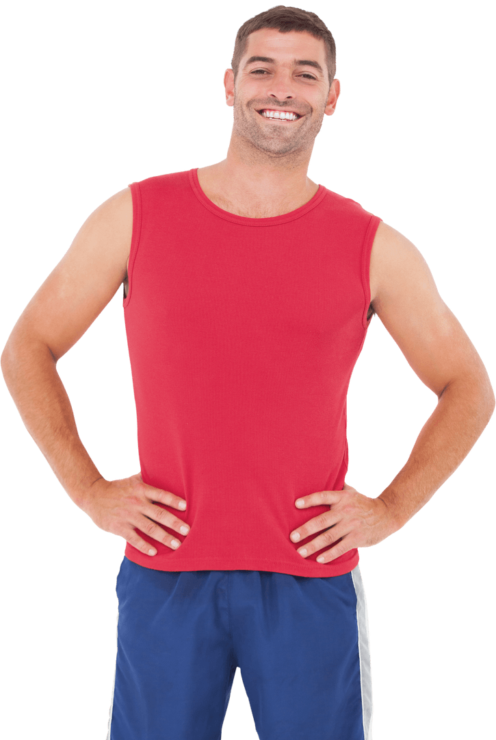 Smiling Fit Man in Red Tank Top on Transparent Background