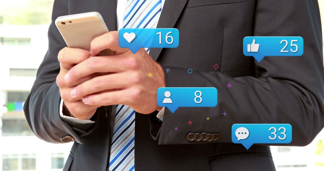 Businessman Engaging with Social Media Notification Icons