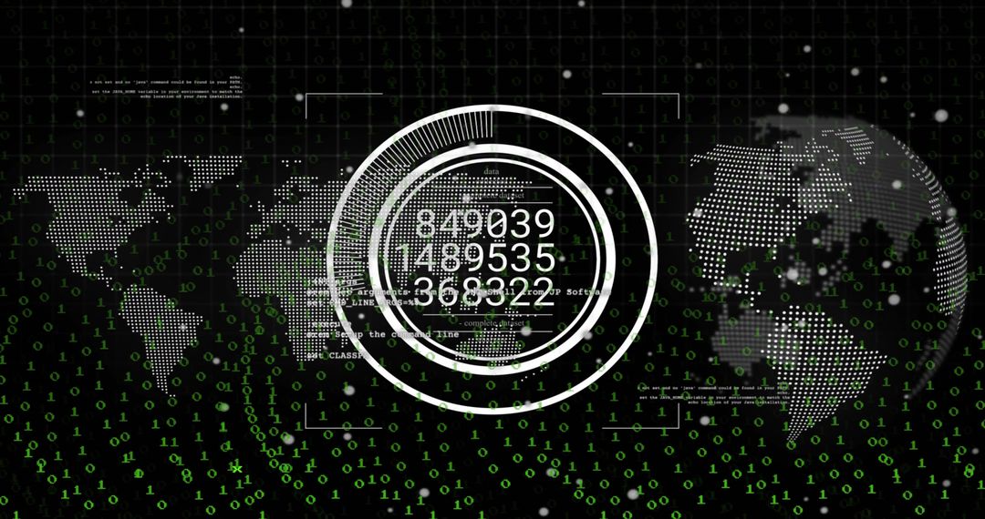 Futuristic Digital Interface with World Map and Binary Code